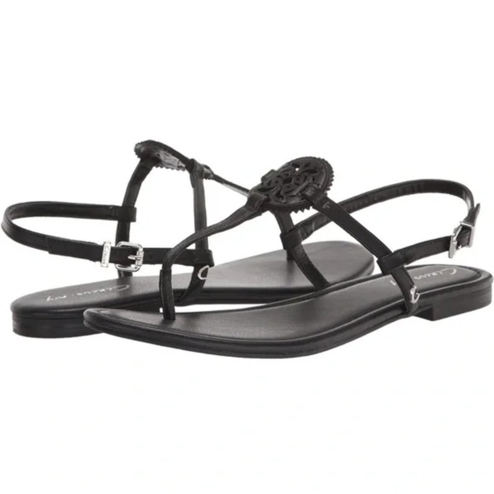 Circus Sam Edelman Size 8 Celia Black Faux‎ Vegan Leather Medallion Flat Sandals